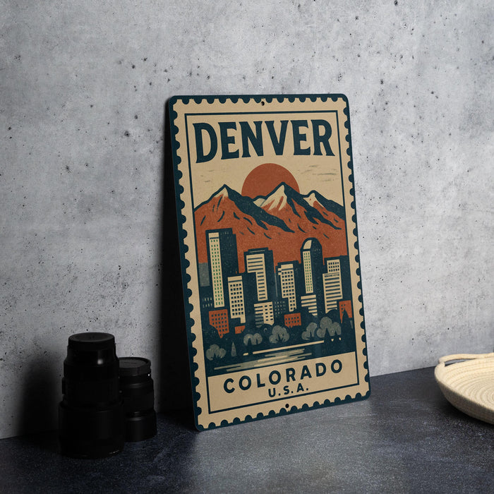 A vintage-style metal sign with the text "DENVER COLORADO U.S.A." and an illustration of a mountain range with a cityscape in the background.