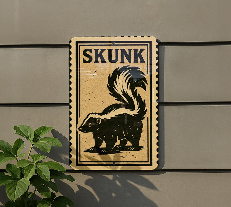 a sign with a skunk illustration on it, mounted on a wall next to a plant.