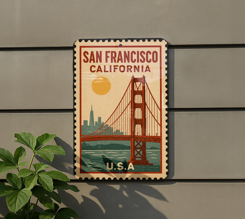 A vintage-style sign for San Francisco, California, featuring the iconic Golden Gate Bridge and the city skyline.