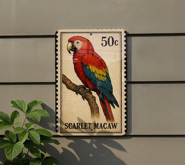 A postage stamp featuring a colorful parrot, specifically a macaw, perched on a branch.