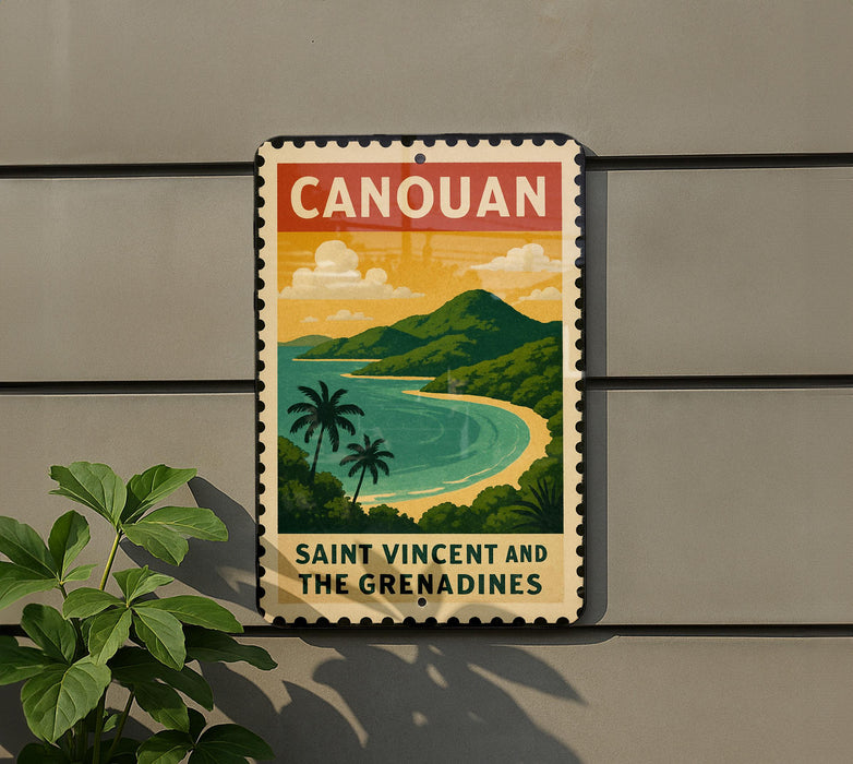 A vintage-style sign for Canouan, Saint Vincent and the Grenadines, featuring a tropical beach scene with palm trees and a turquoise ocean.
