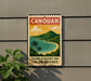 A vintage-style sign for Canouan, Saint Vincent and the Grenadines, featuring a tropical beach scene with palm trees and a turquoise ocean.
