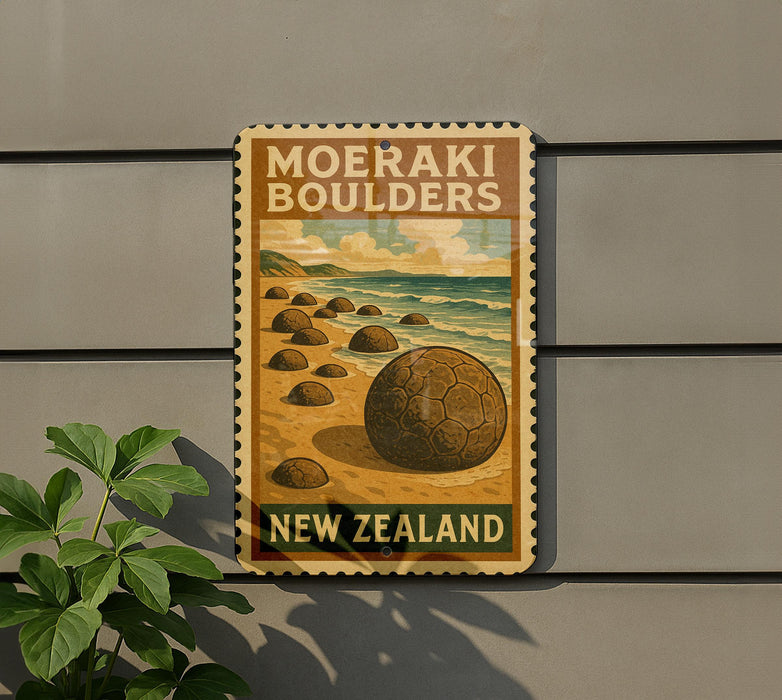 A vintage-style metal sign for Moeraki Bowlers, a famous landmark in New Zealand, featuring a beach scene with large boulders and a cloudy sky.