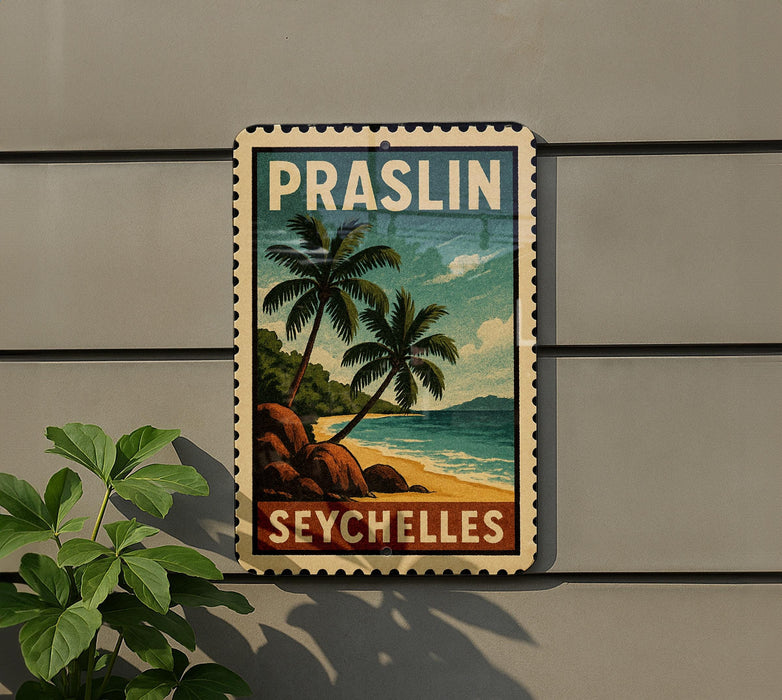 A vintage-style sign with a tropical beach scene and palm trees, mounted on a wall.