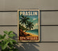 A vintage-style sign with a tropical beach scene and palm trees, mounted on a wall.
