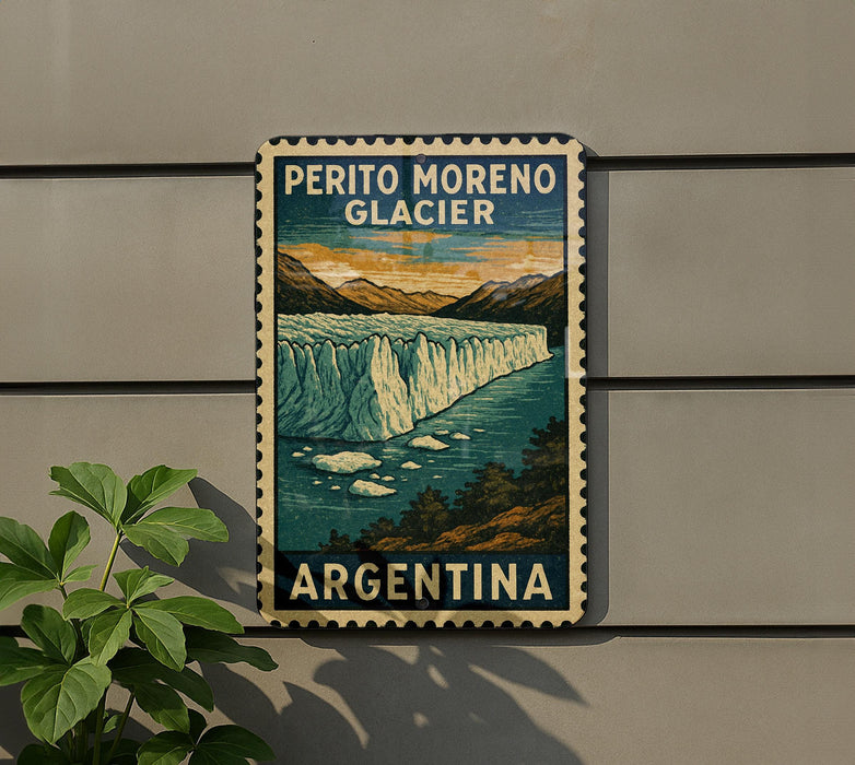 A vintage-style poster of Perito Moreno Glacier in Argentina, featuring a scenic landscape with a waterfall and mountains.