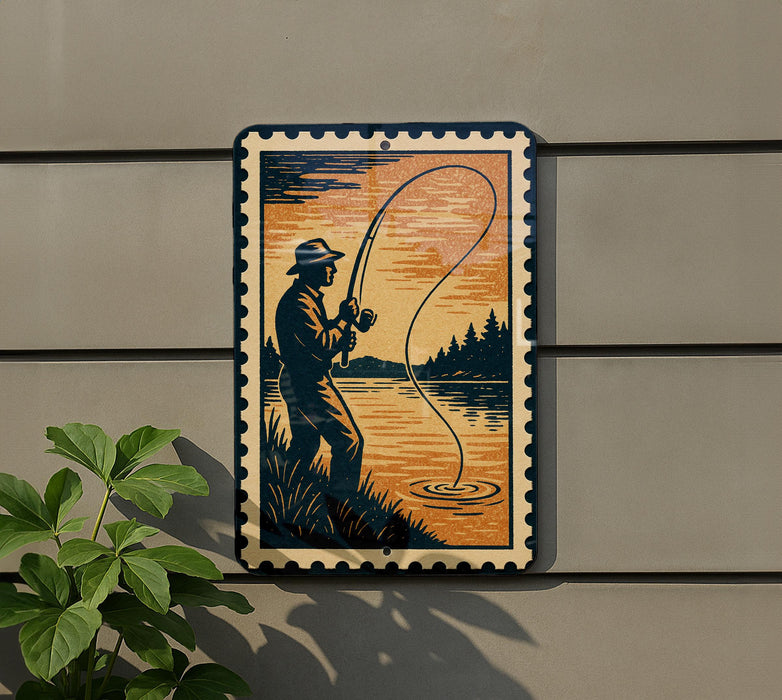 a man fishing in a serene outdoor setting, with a sunset in the background.