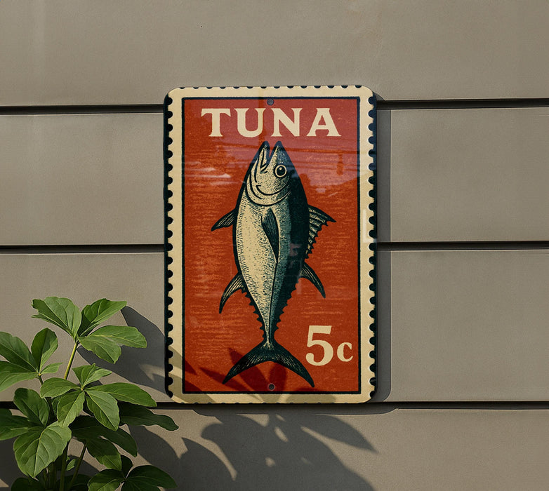 a sign with a fish illustration and the word "Tuna" written on it, mounted on a wall.