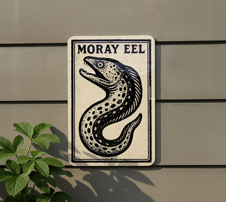 a sign with a black and white illustration of a fish, mounted on a wall.