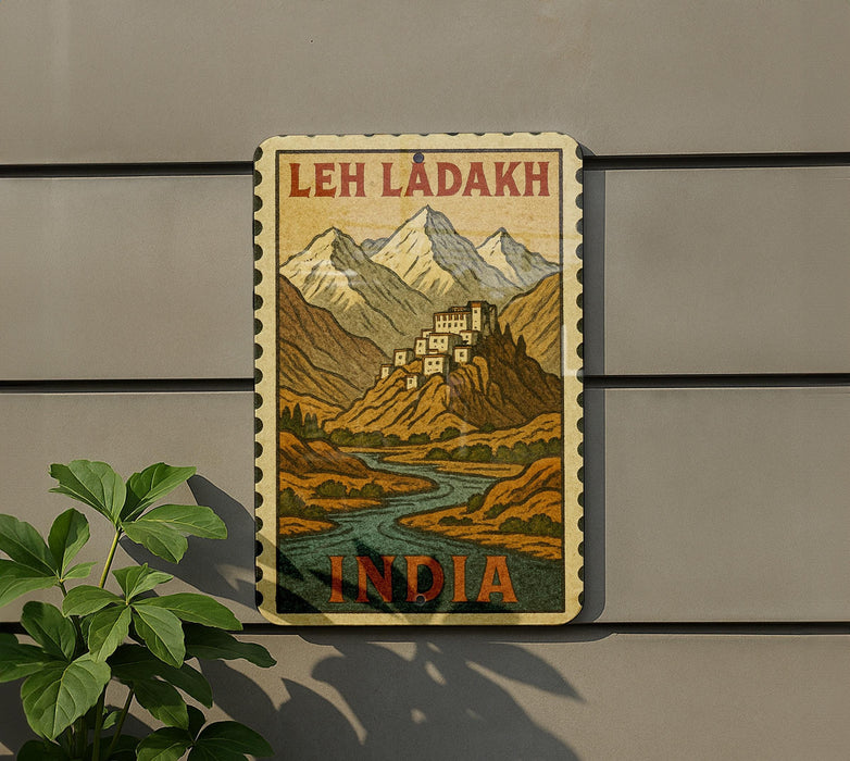 A vintage-style sign depicting a mountainous landscape with a small village or settlement, mounted on a wall.