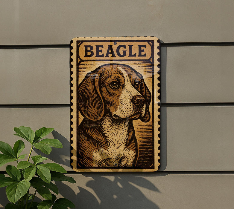 a wooden sign with a picture of a beagle dog on it, mounted on a wall.