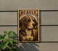 a wooden sign with a picture of a beagle dog on it, mounted on a wall.