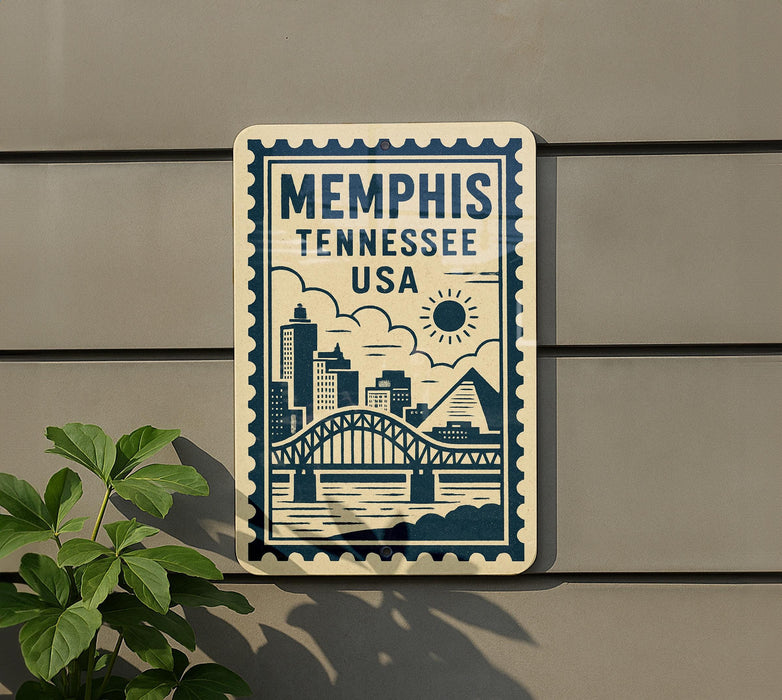 A sign that reads "Memphis, Tennessee, USA" with a cityscape illustration, mounted on a wall next to a plant.