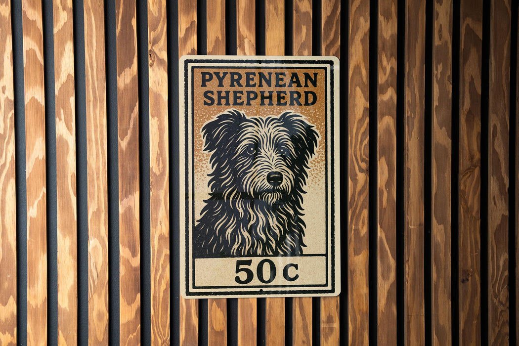 A sign for a Pyrenean Shepherd dog, with the price of 50 cents.