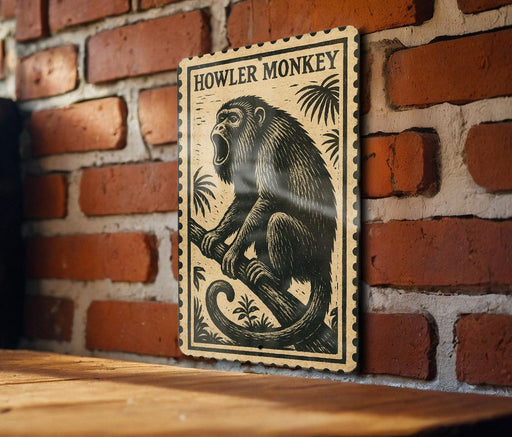 a wooden plaque with a black and white illustration of a monkey sitting on a branch, mounted on a brick wall.