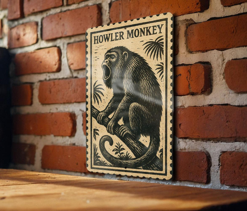 a wooden plaque with a black and white illustration of a monkey sitting on a branch, mounted on a brick wall.