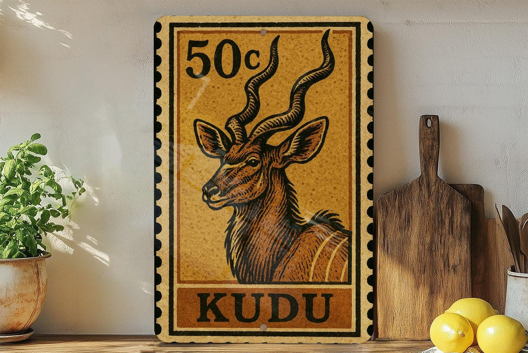 A 50 cent stamp featuring an illustration of a kudu antelope, with a wooden cutting board and lemons in the foreground.