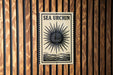 a sign with the text "SEA URCIN" and a sunburst design, mounted on a wooden wall.