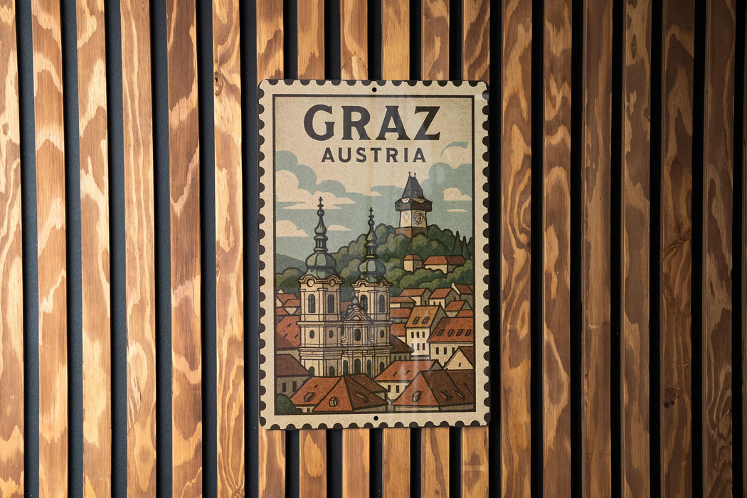 A vintage postage stamp from Austria featuring a cityscape with a church spire and other buildings.