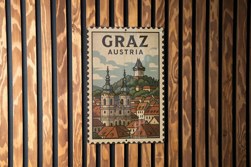 A vintage postage stamp from Austria featuring a cityscape with a church spire and other buildings.