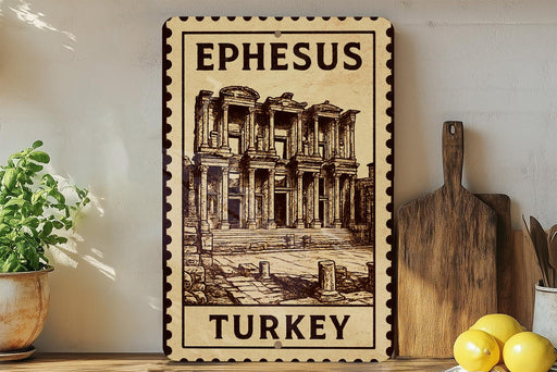 A framed illustration of the Library of Ephesus, a famous ancient Greek Library located in Turkey, is displayed on a wall.