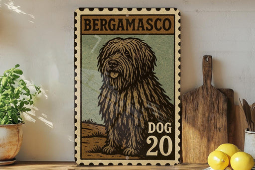 A framed illustration of a shaggy dog, likely a Berggamenco dog, is displayed on a wall next to a wooden cutting board and some kitchen utensils.
