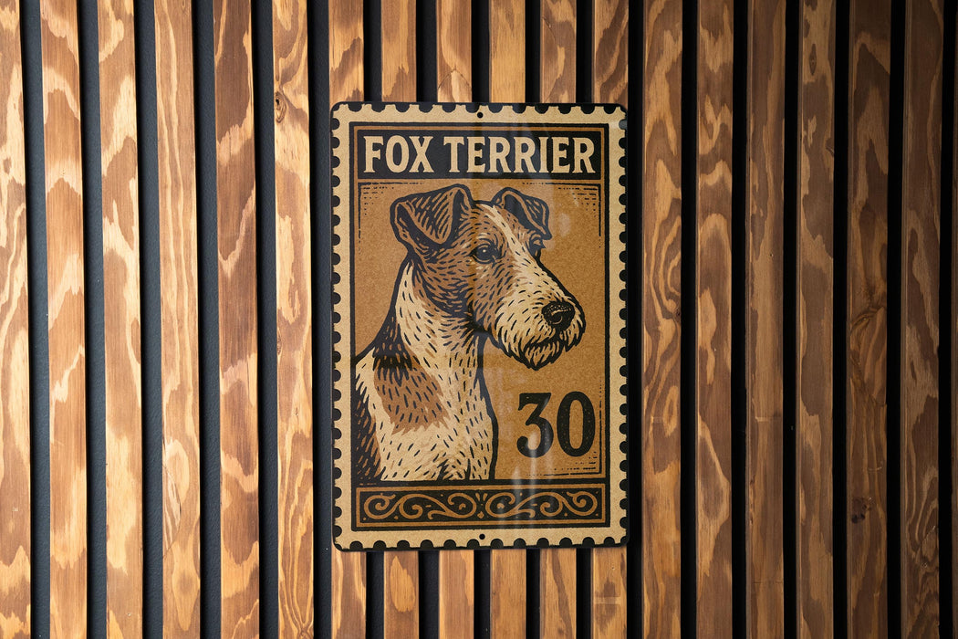 A metal stamp featuring a fox terrier dog with the number 30 on it, mounted on a wooden wall.