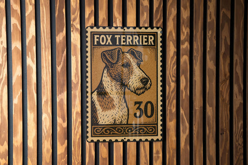 A metal stamp featuring a fox terrier dog with the number 30 on it, mounted on a wooden wall.