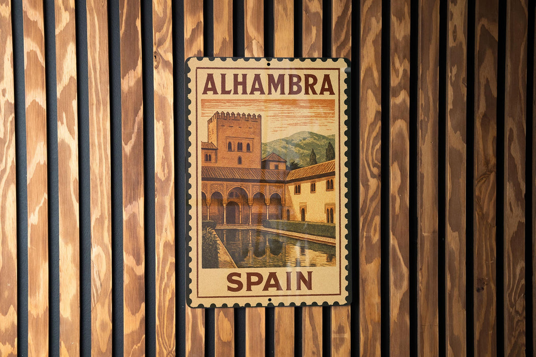 A vintage-style metal sign with the text "ALHAMBRA SPAIN" is displayed on a wooden wall.