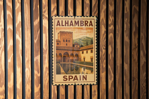 A vintage-style metal sign with the text "ALHAMBRA SPAIN" is displayed on a wooden wall.