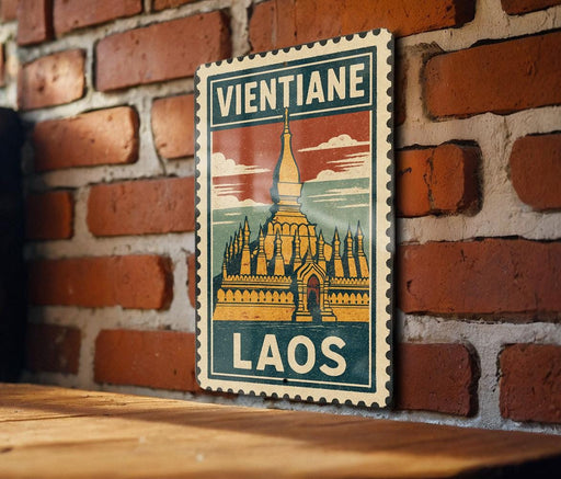 A vintage postage stamp featuring a temple in Laos, with the text "VIENTIANE LAOS" prominently displayed.
