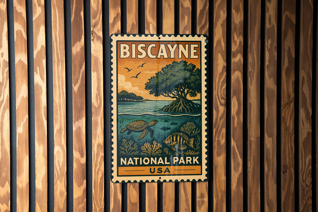 A vintage-style metal sign for Biscayne National Park in the United States, featuring an illustration of a turtle and a tree.