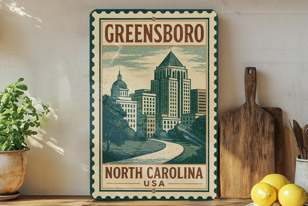A vintage-style metal sign with a cityscape illustration and the text "GREENSBORO NORTH CAROLINA USA" is displayed on a shelf, accompanied by a wooden cutting board and a potted plant.