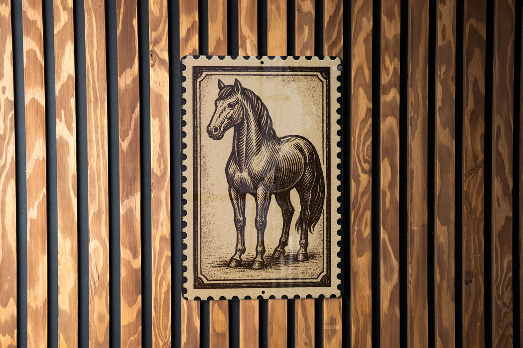 a wooden wall with a framed illustration of a horse.