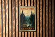 A vintage-style postage stamp depicting a forest scene with pine trees and a river, hanging on a wooden wall.