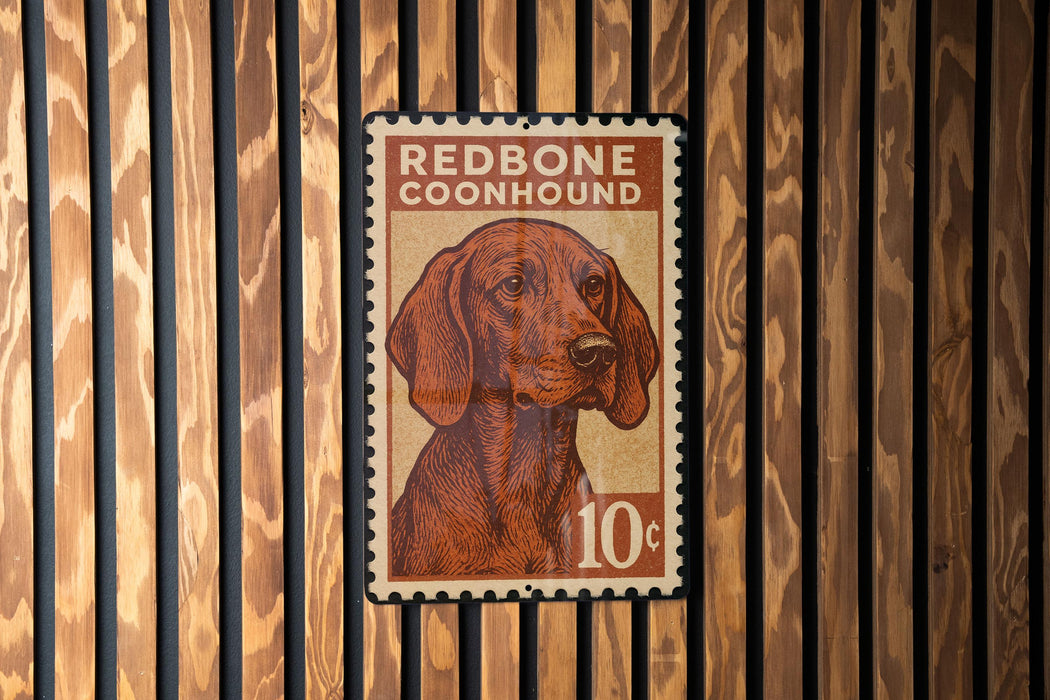 A vintage-style stamp featuring a redcoonhound dog, with the text "REDBONE COONHOUND" and the denomination "10¢".