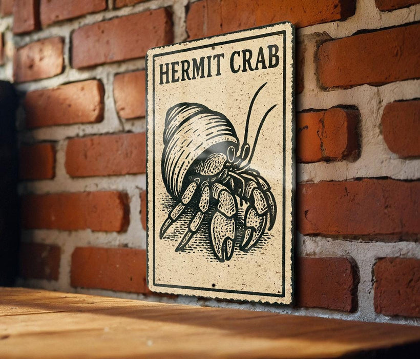 A sign featuring a hermit crab is mounted on a brick wall.