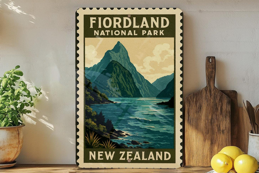 a vintage-style poster of Fiordland National Park in New Zealand, with a mountain landscape and a body of water. The poster is displayed on a wall, and there are some kitchen utensils, such as a cutting board and a knife, as well as some potted plants and lemons in the foreground.