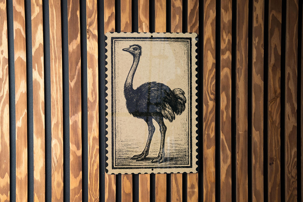 a large, detailed illustration of an ostrich, which is the central focus of the image.