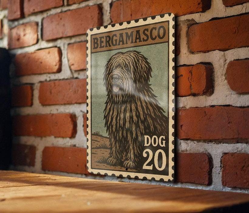 A vintage-style postage stamp featuring a large, shaggy dog with the text "BERGAMASCO" and "DOG 20" printed on it, mounted on a brick wall.