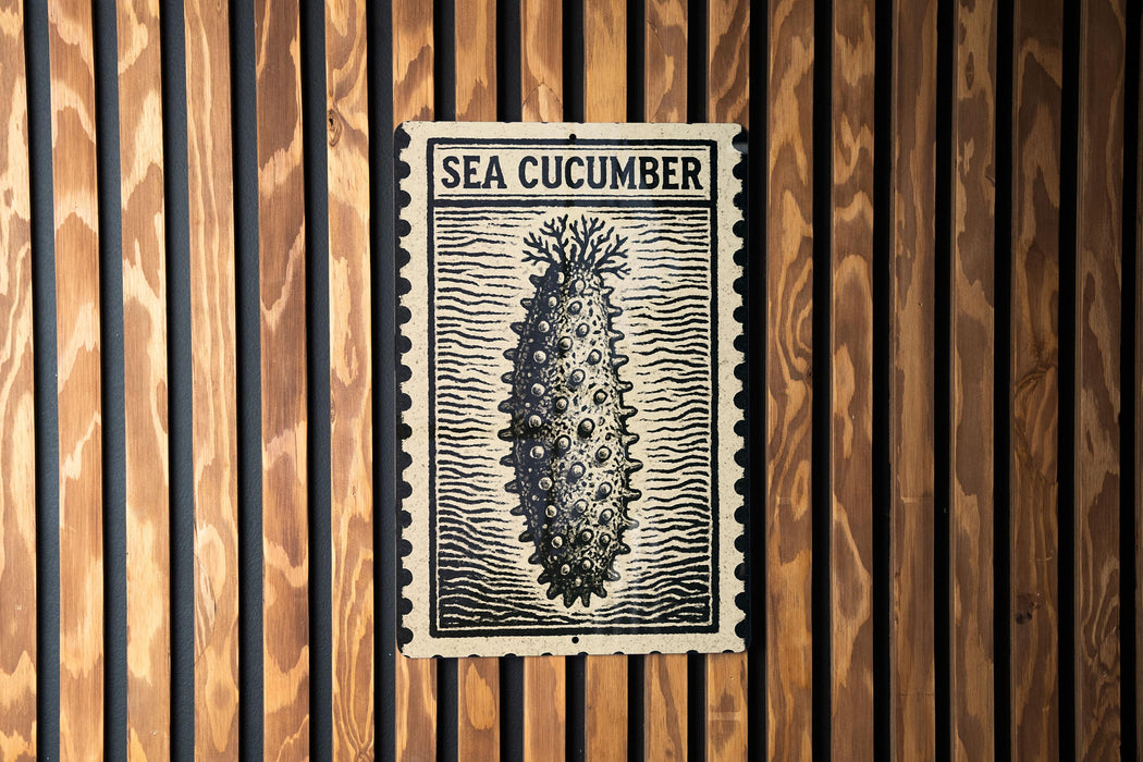 a sea cucumber on a wooden wall.