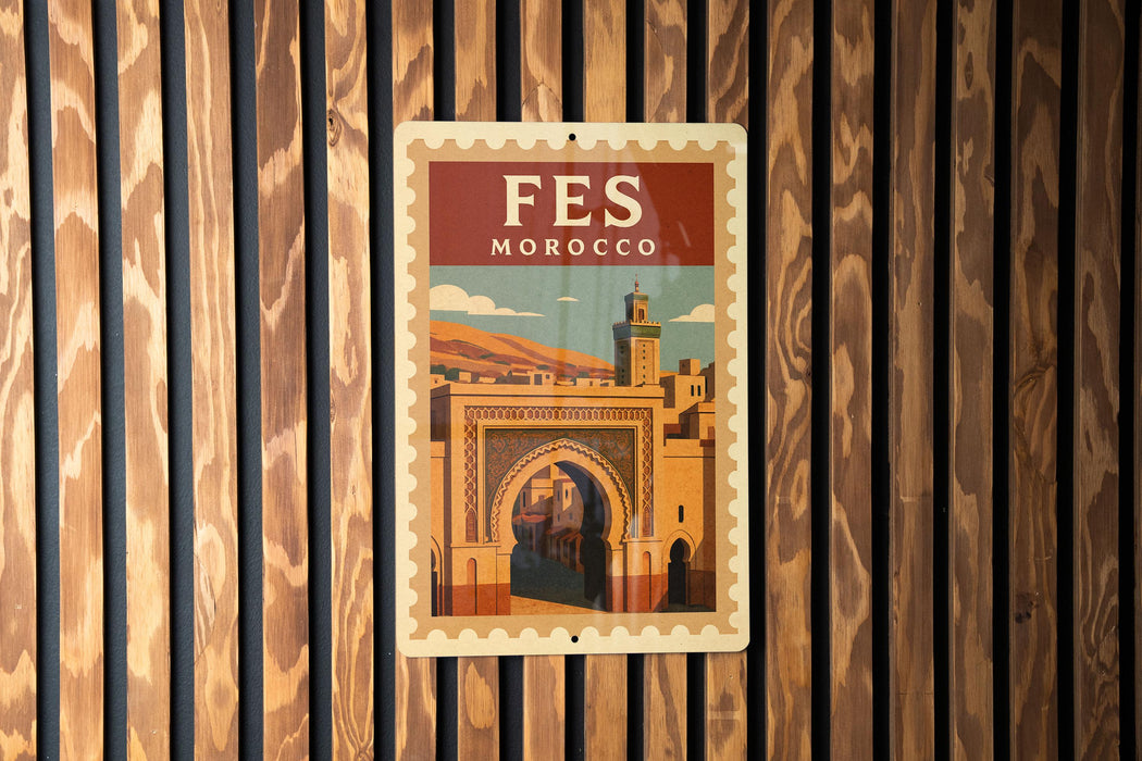 A vintage-style poster of the Fes Market in Morocco, featuring an illustration of the market's iconic archway and buildings.