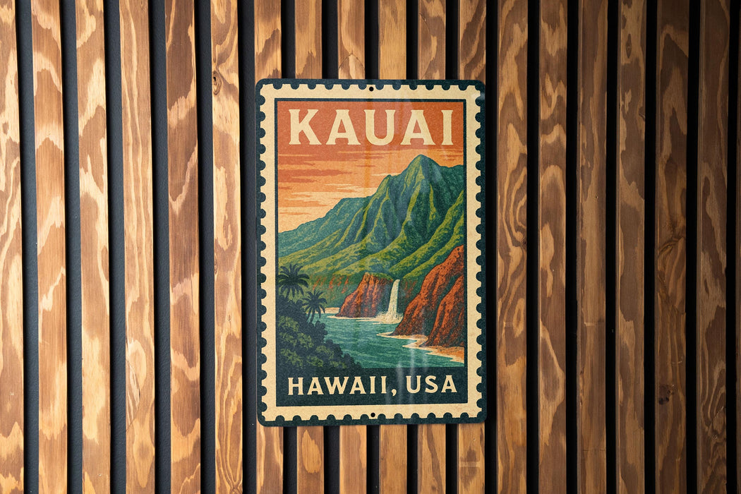 A vintage-style metal sign with the text "HAWAII, USA" and an illustration of a mountainous landscape with a waterfall.