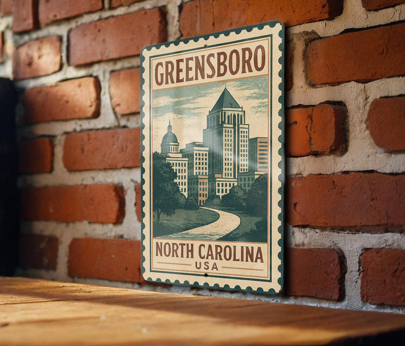 A vintage-style metal sign with a brick wall backdrop, featuring an illustration of a cityscape and the text "Greensboro North Carolina USA".