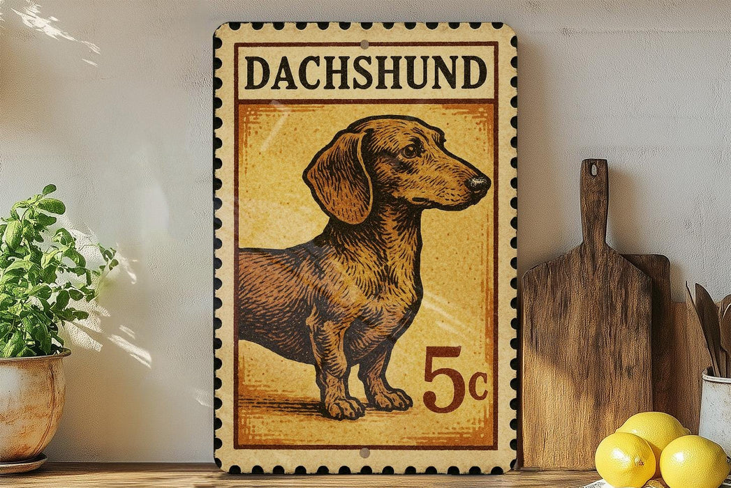 A vintage-style metal stamp featuring a dachshund dog, with the text "DACHSHUND" and the denomination "5c" printed on it. The stamp is displayed on a shelf next to a wooden cutting board and a potted plant.