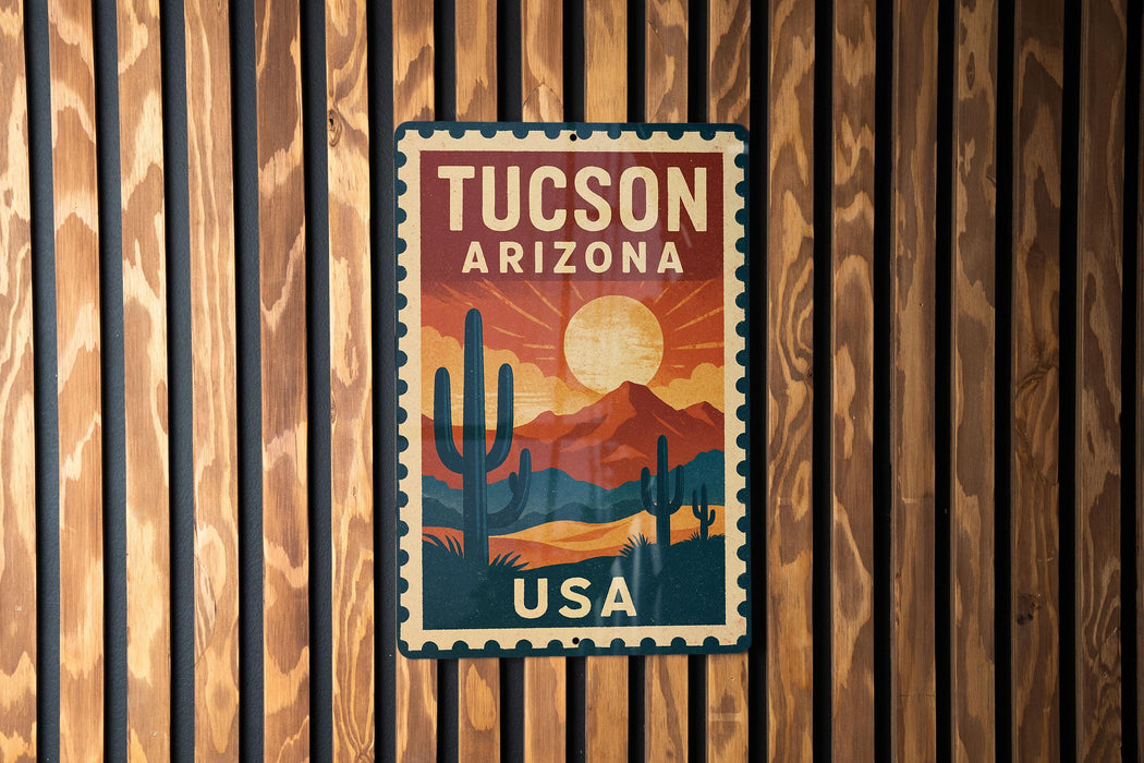 A vintage-style postage stamp from Tucson, Arizona, featuring a desert landscape with cacti and mountains in the background.