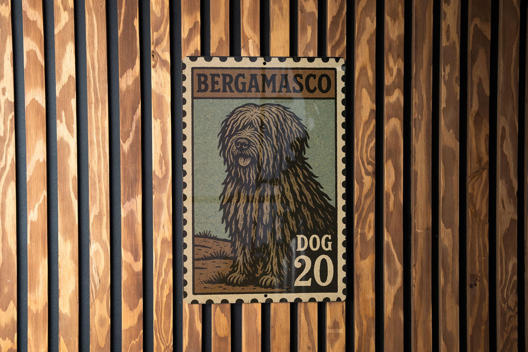 A postage stamp featuring a shaggy dog, with the text "BERGAMASCO" and "DOG 20" printed on it.