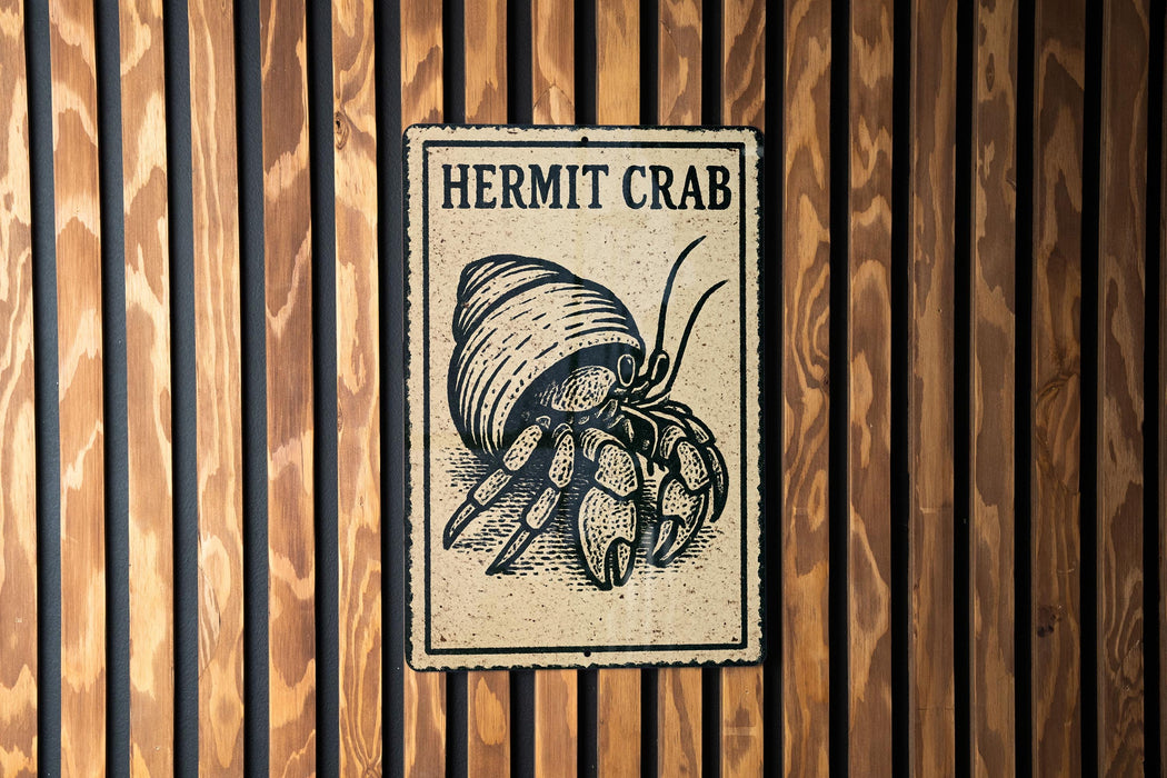 A sign with the text "HERMIT CRAB" and an illustration of a hermit crab is displayed on a wooden wall.