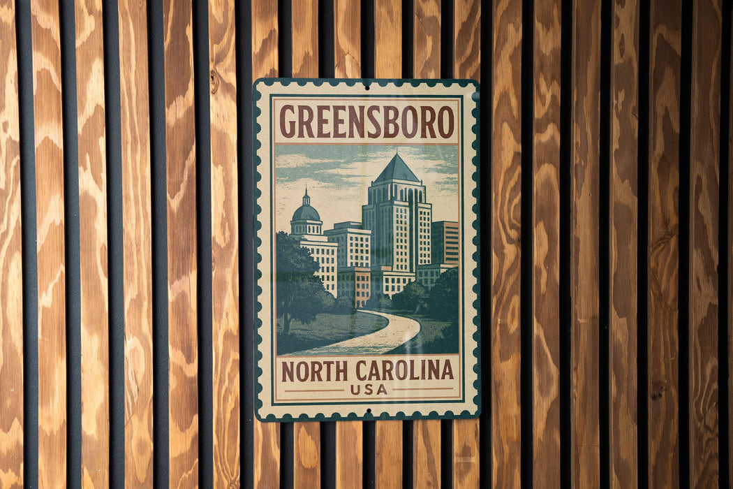 A vintage-style metal sign with the text "GREENSBORO NORTH CAROLINA USA" displayed on a wooden wall.