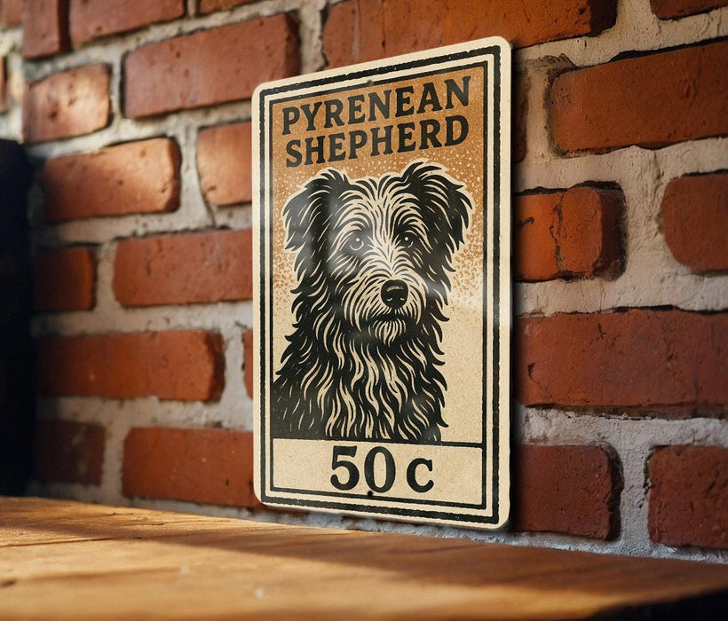 A sign featuring a black and white illustration of a Pyrenean Shepherd dog, with the text "PYREAN SHEPHERD" and the price "50c" below the image.